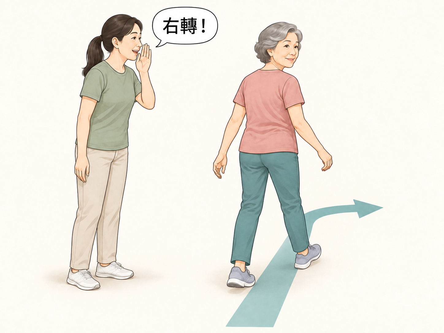 一位家人站在旁邊喊口令，長者依指令改變行走方向