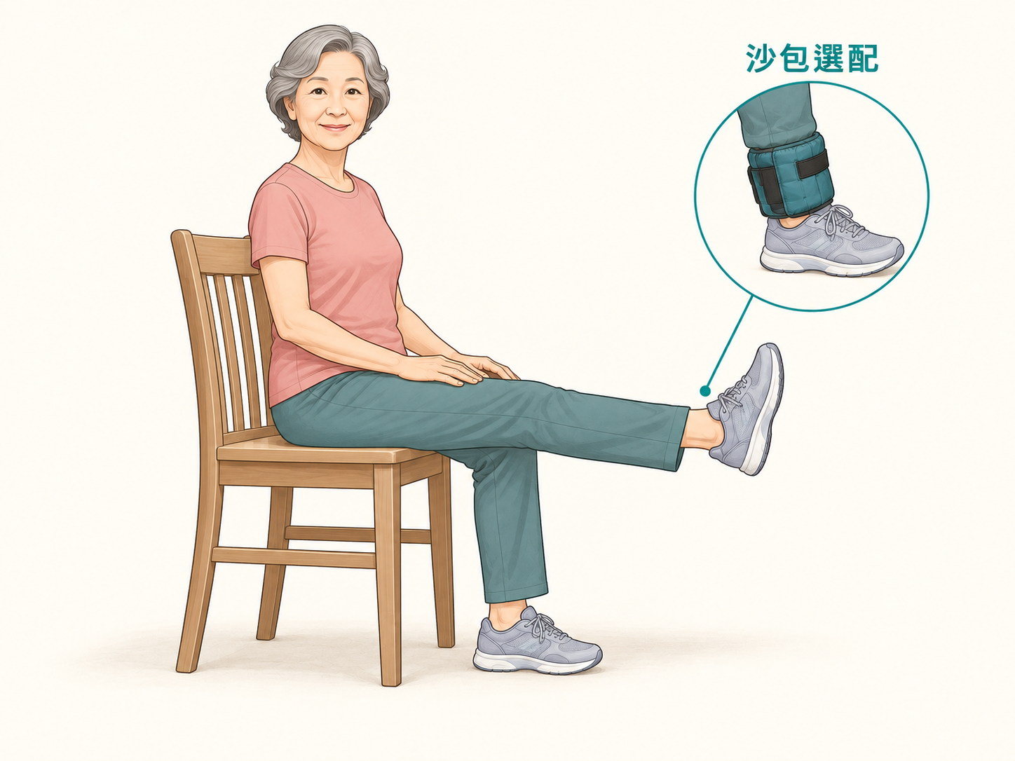 長者坐姿，一腳向前平舉伸直，另一腳自然踩地